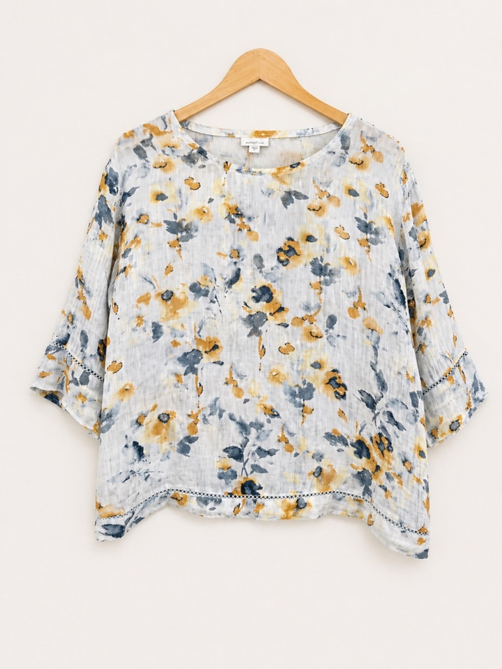 J. Jill Pure Jill Linen Floral Top M Blue Yellow Watercolor 3/4 Sleeve